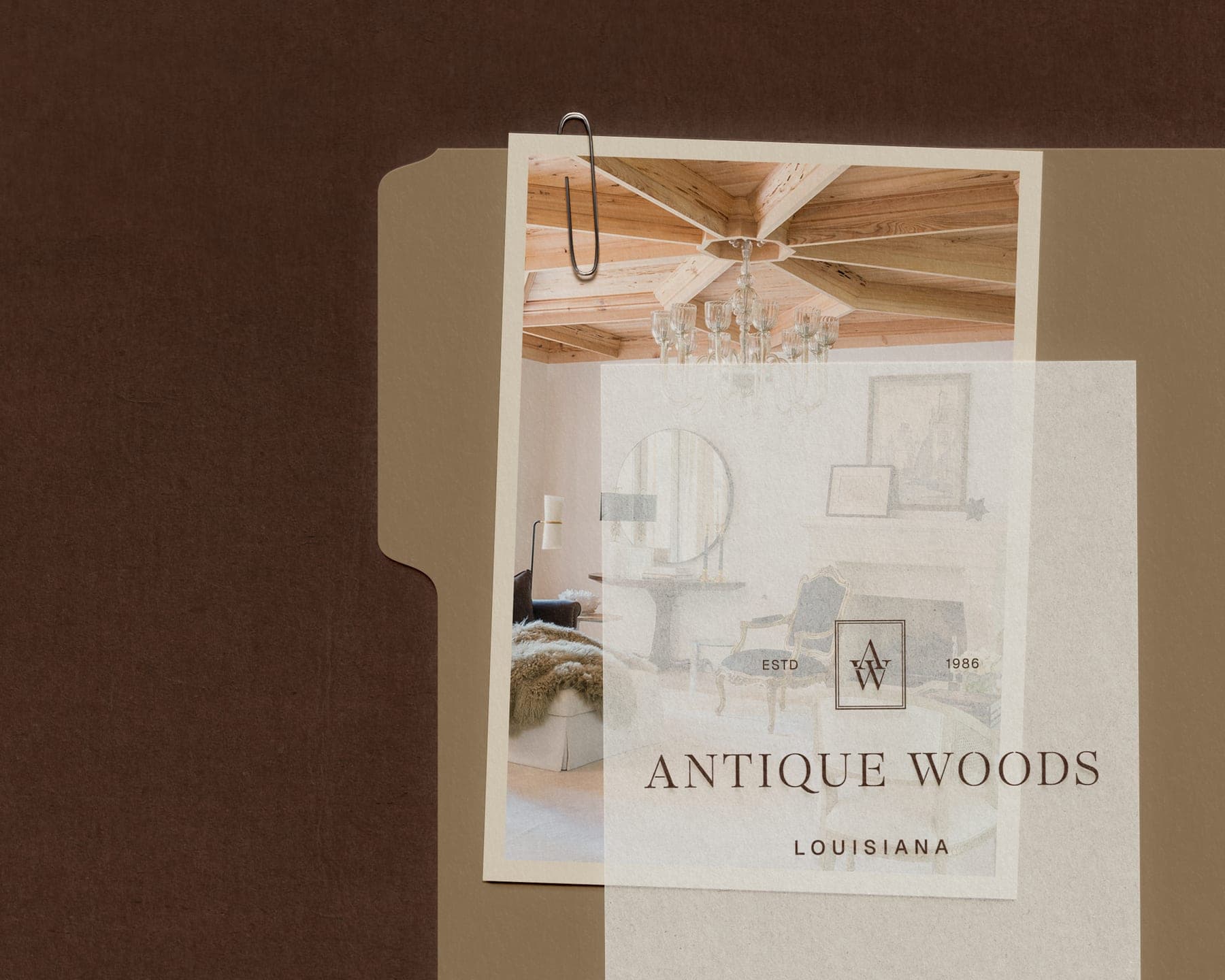Antique Woods brand identity — mark and editorial print