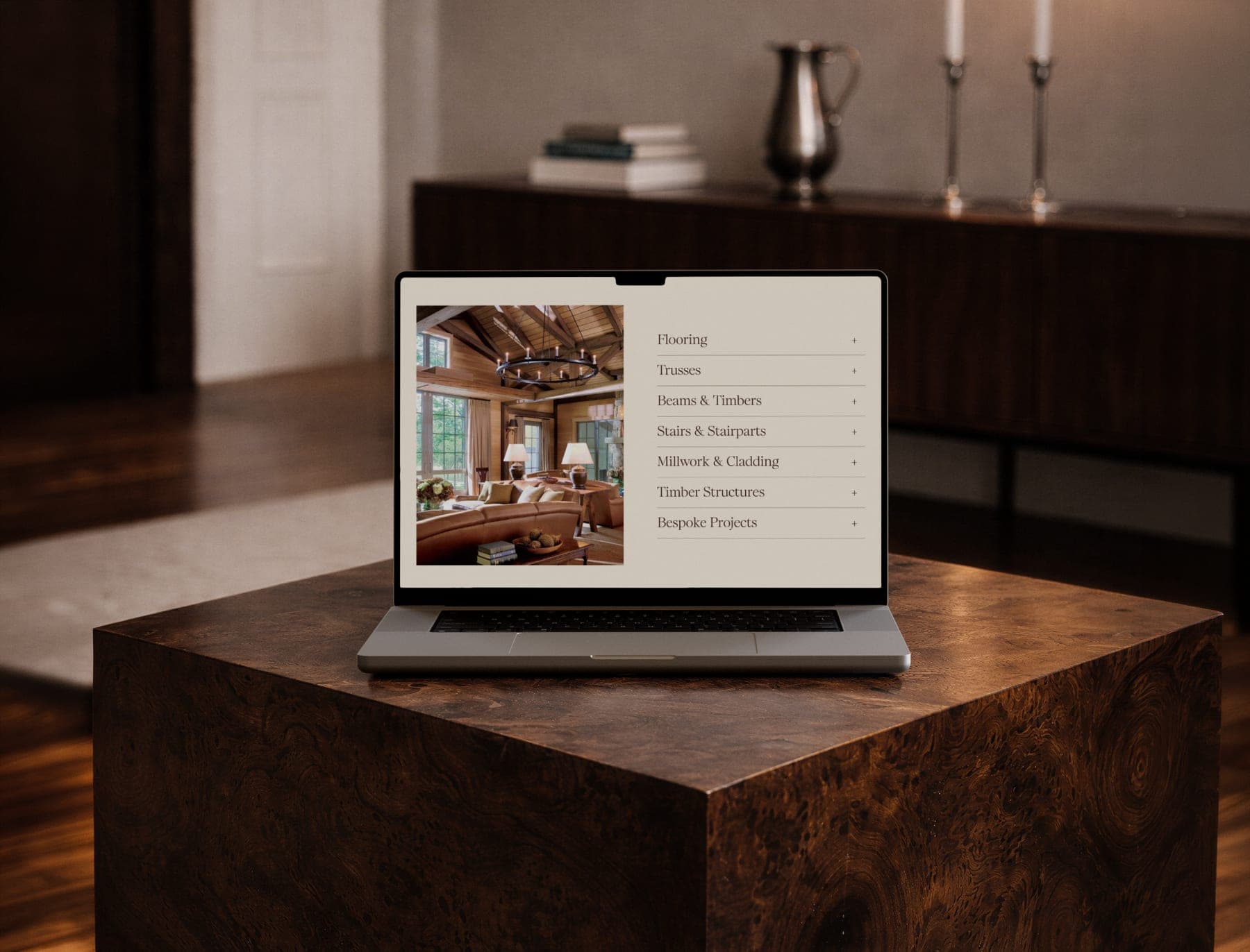 Antique Woods product categories on a laptop