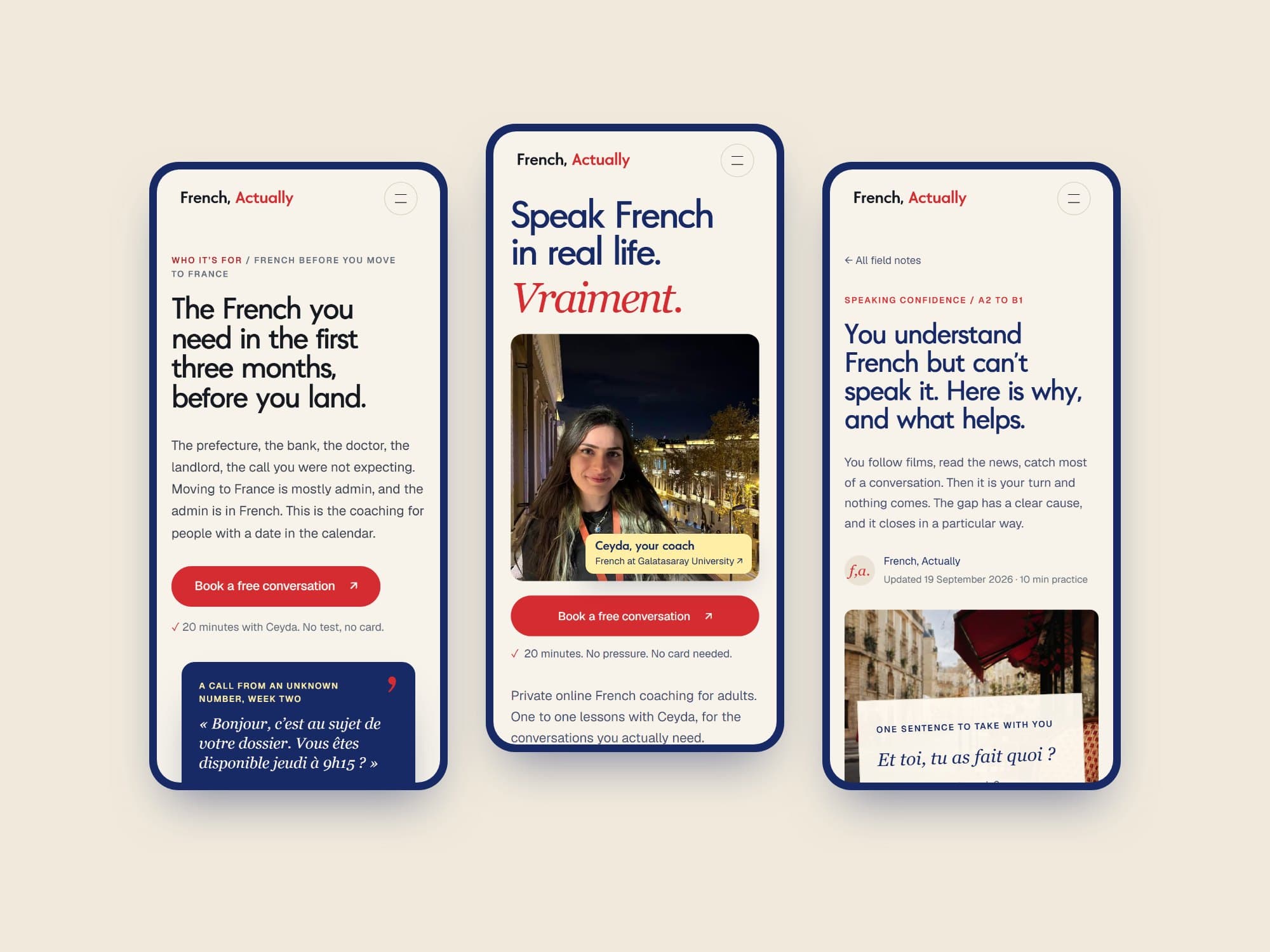Telefonda üç French, Actually sayfası: Fransa'ya taşınma, ana sayfa ve bir rehber